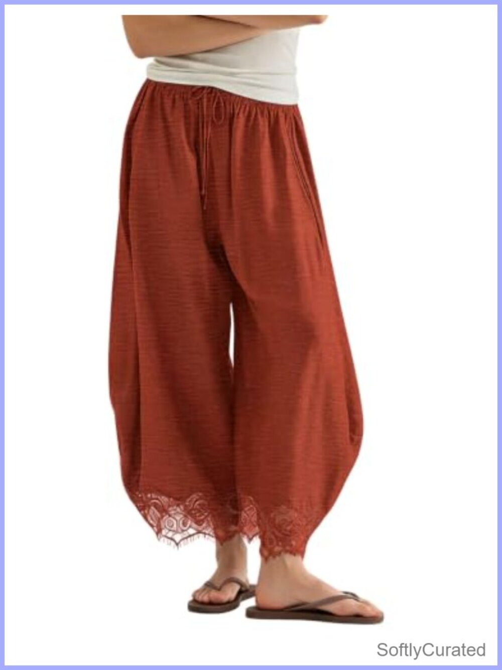 Wide Leg Lace Trim Cropped Barrel Pants 100% Polyester Pull On Beach